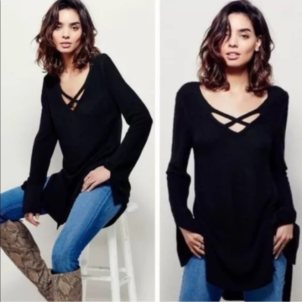 Free People Black Criss Cross Long Sleeve Sweater Women's Small